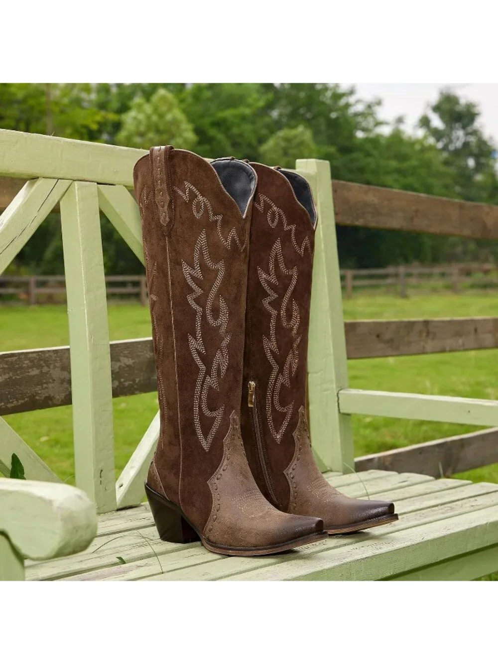 🆕Women's Brown Knee High Flame Embroidered Snip Toe Zipper Chunky Heel
